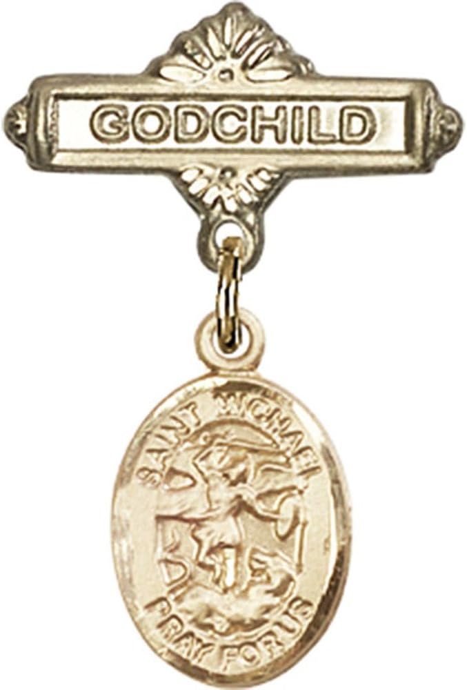 Bonyak Jewelry Saint Medal Collection 14kt Yellow Gold Baby Badge with St. Michael The Archangel Charm and Godchild Badge Pin 1 X 5/8 inches