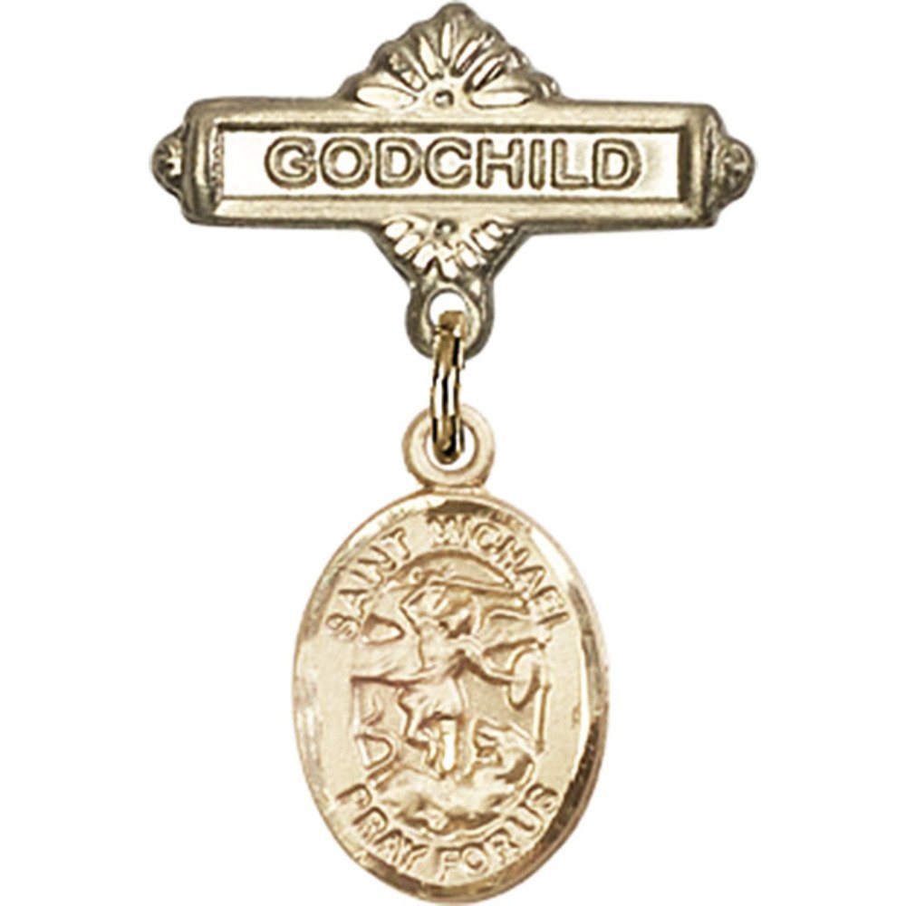 Gold Filled Baby Badge with St. Michael the Archangel Charm and Godchild Badge Pin 1 X 5/8 inches