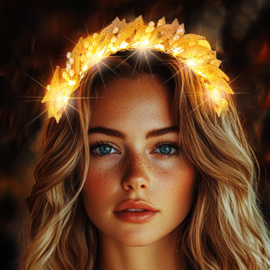 Atigy Gold Light Up Headband Leaf Wedding Headpiece Pearl Bridal Hair Accessories for Women