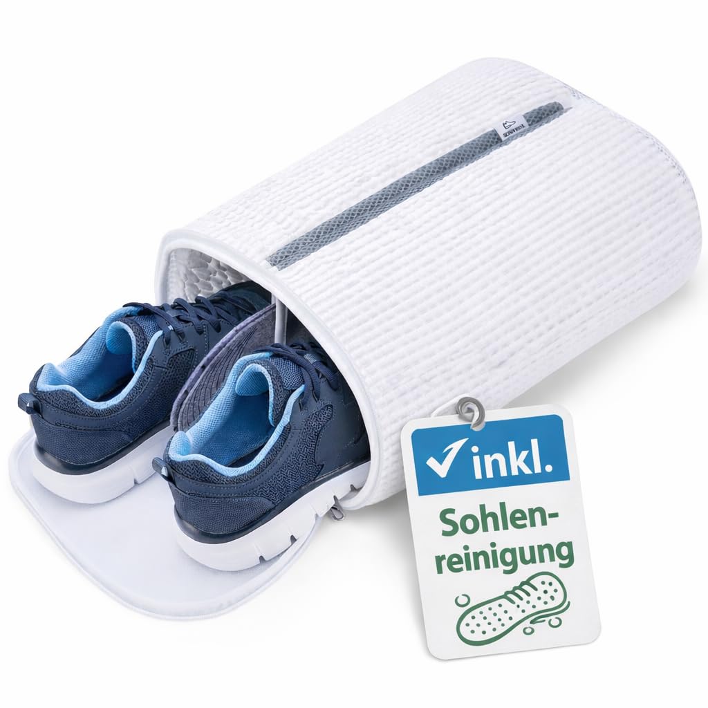 Schuhwaschbeutel XL, inkl. Sohlenreinigungsfunktion, extra leise | Wäschesack für Schuhe & Sneaker, Extra Reinigungsfach für Sohlen, 360 Grad rundum Reinigung, Extra leise