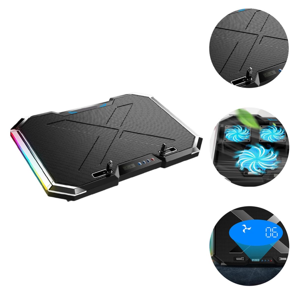 HOMSFOU USB Laptop Kühler mit RGB Beleuchtung Höhenverstellbarer Gaming Laptop Kühlständer aus Legierung mit Großem Lüfter und 7 Winkel Verstellung für Leises Arbeiten