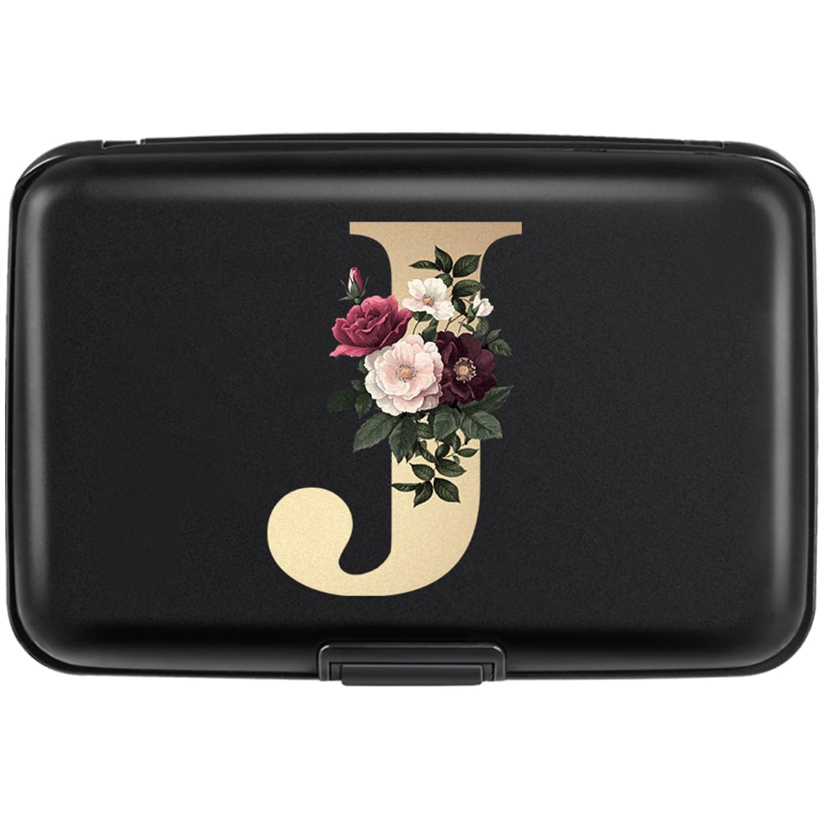 Simikol Credit Card Holder Personalized Initial Letter J Small Aluminum Wallet Rose Flower Card Case RFID Blocking Wallets for Women and Girls,J