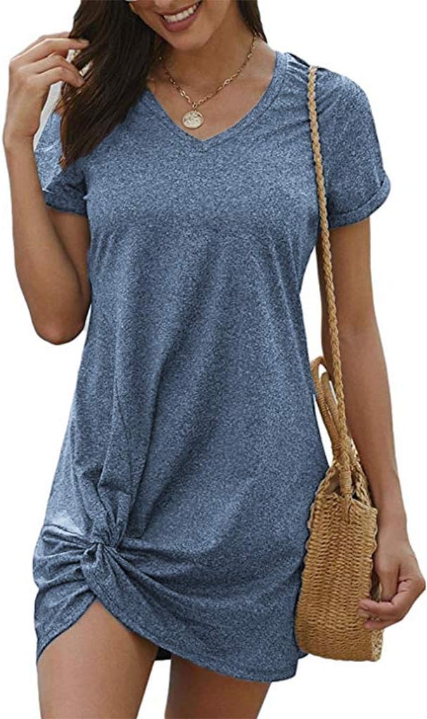 Locryz Women's Summer Twist Knot Tshirt Dresses Casual Loose Dress V Neck Short Sleeve Knot Dress - Image 3