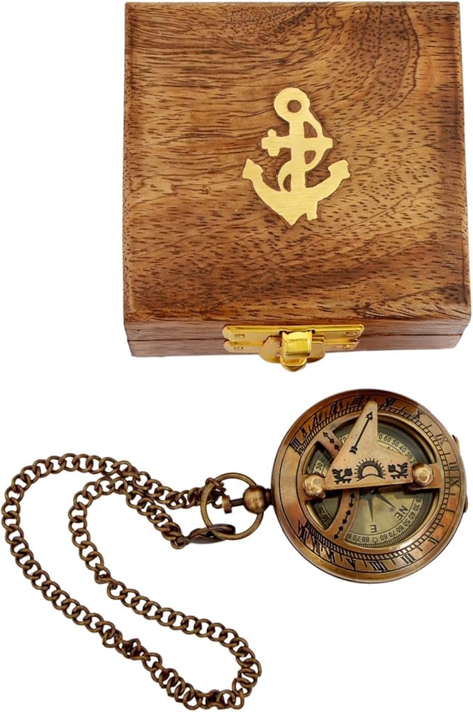 Antique Brass Vintage Sundial 2 Inches Push Button Compass with Wooden Box, Antique Steampunk Decor, Sun Clock, Unique Handmade Best Gift for Men, Women,