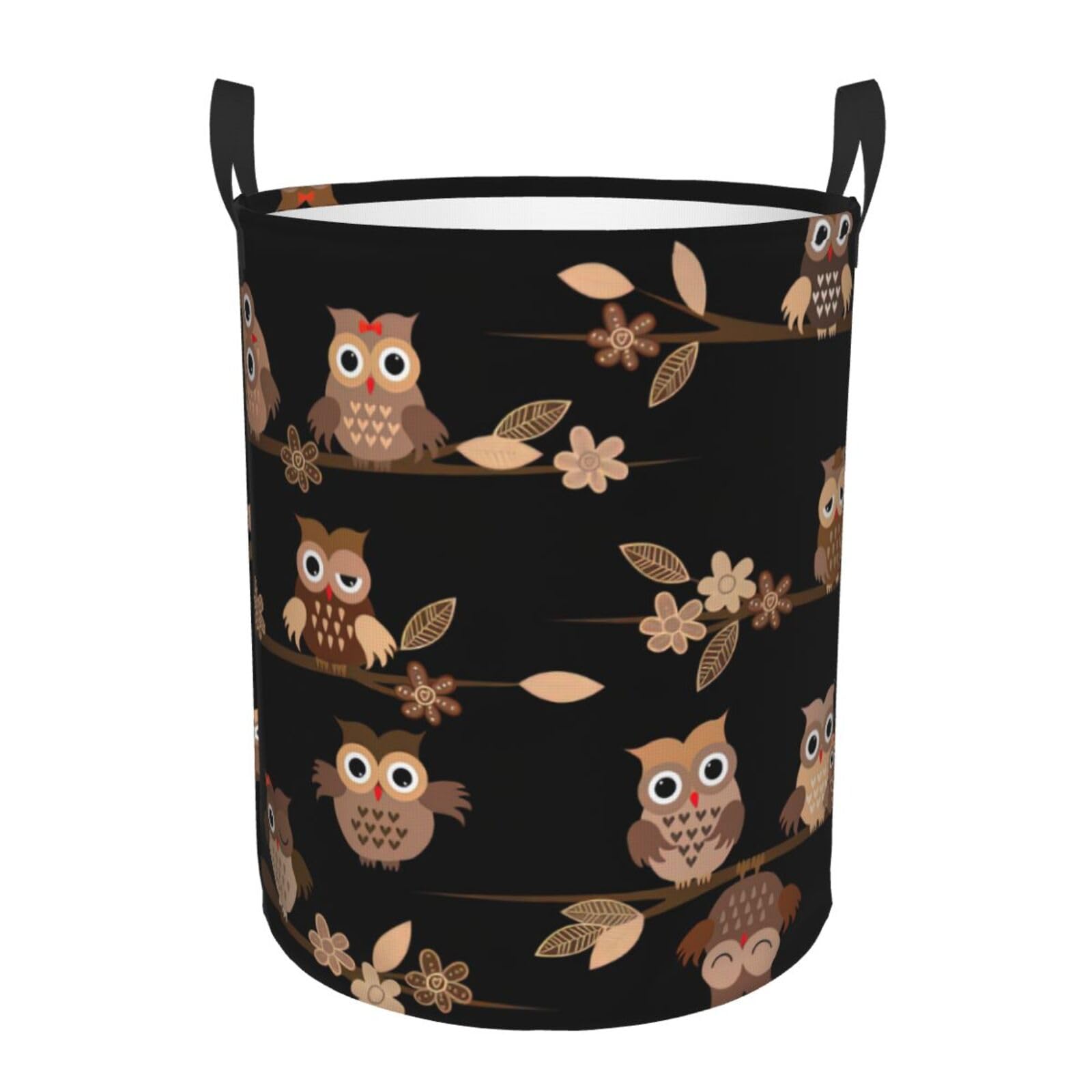 S Collapsible Round Cute Brown Cartoon Owls Print Laundry Hamper