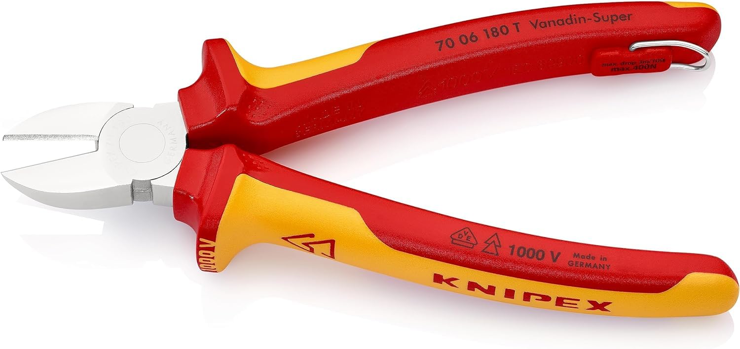 KNIPEX Alicate de corte diagonal cromado Aislado con fundas multicomponente, homologado por VDE; con anilla de fijación aislada e, 70 06 180 T