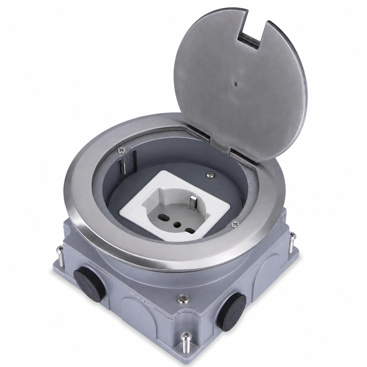 Scatola da Pavimento Rotonda in Acciaio Inox con Presa Italiana Tipo L, Presa da Incasso