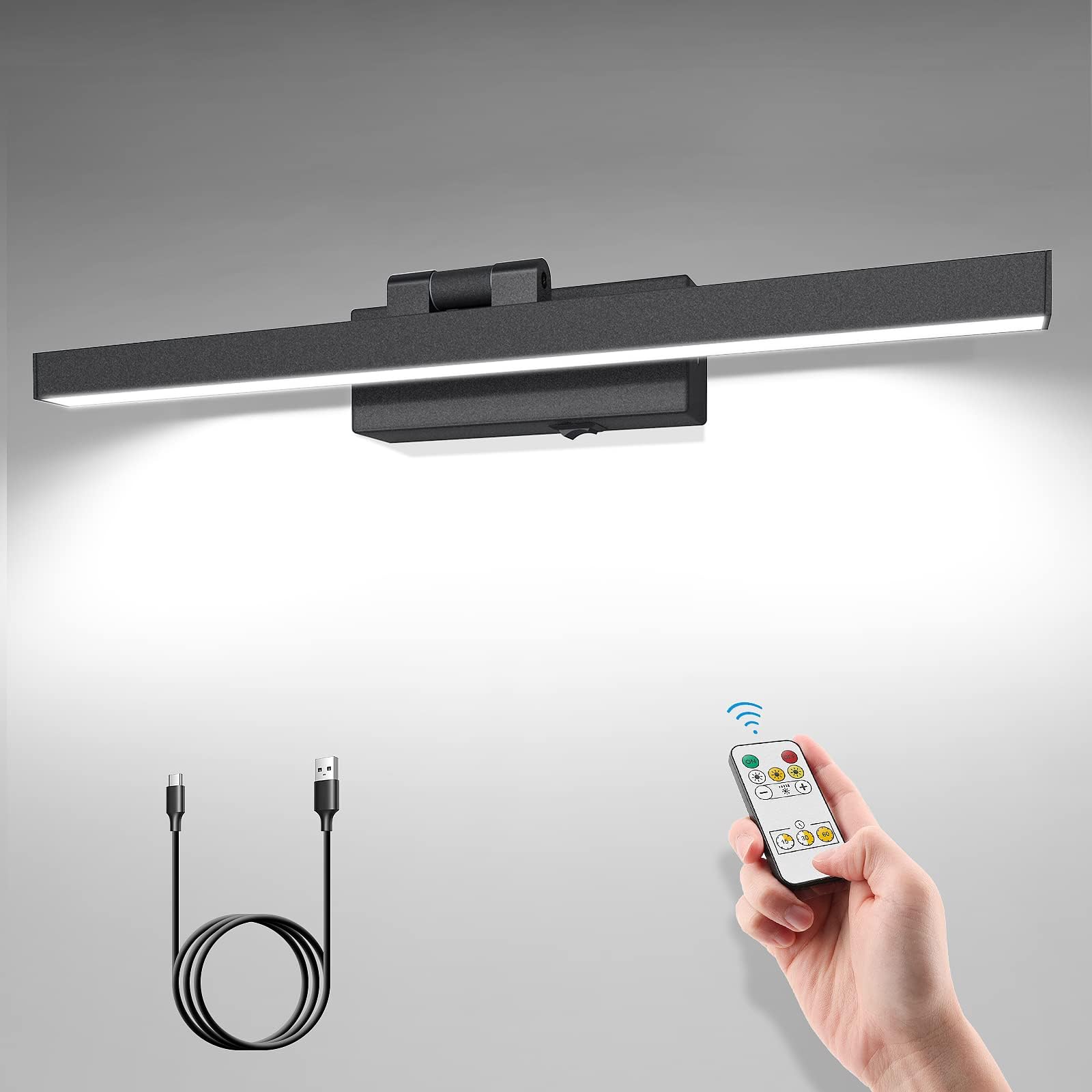 VOLISUN Picture Light with Remote, 3CCT Dimmable Black , USB-C Rechargeable, 15.7in Battery Operated Wall Sconce for Art Painting Gallery Bedroom Computer