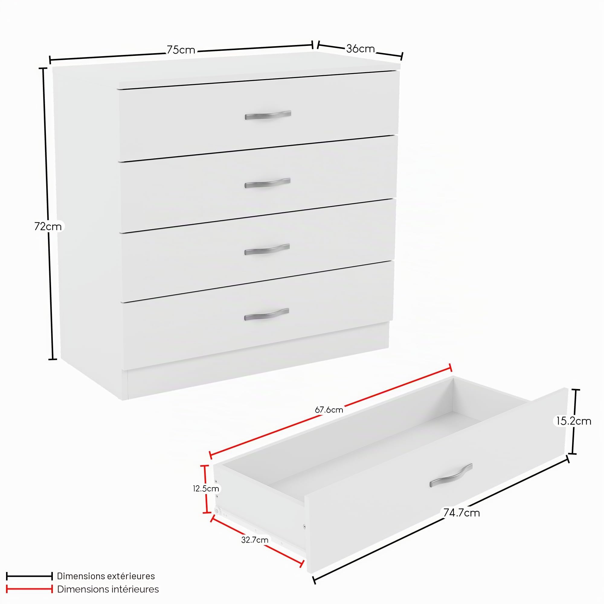 Vida Designs Commode Blanche, 4 tiroirs avec poignées et glissières en métal Anti-déformations, Blanc