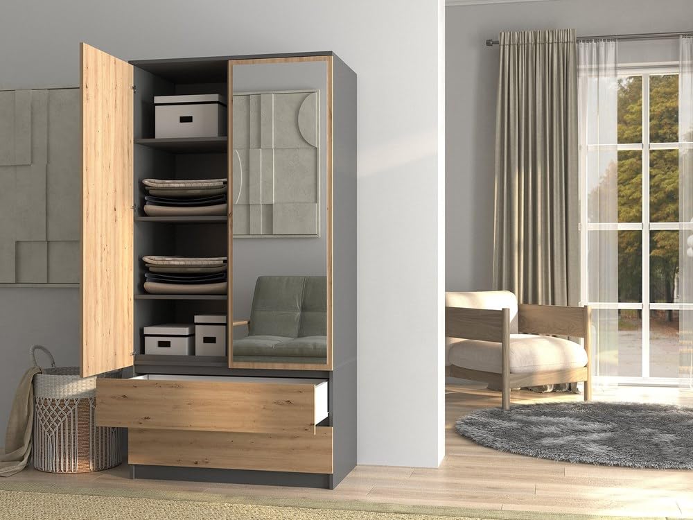 CDF TORINO - Armadio 2 ante con specchio stile moderno camera da letto - 90x50x180 - Ampio spazio di archiviazione - 2 cassetti