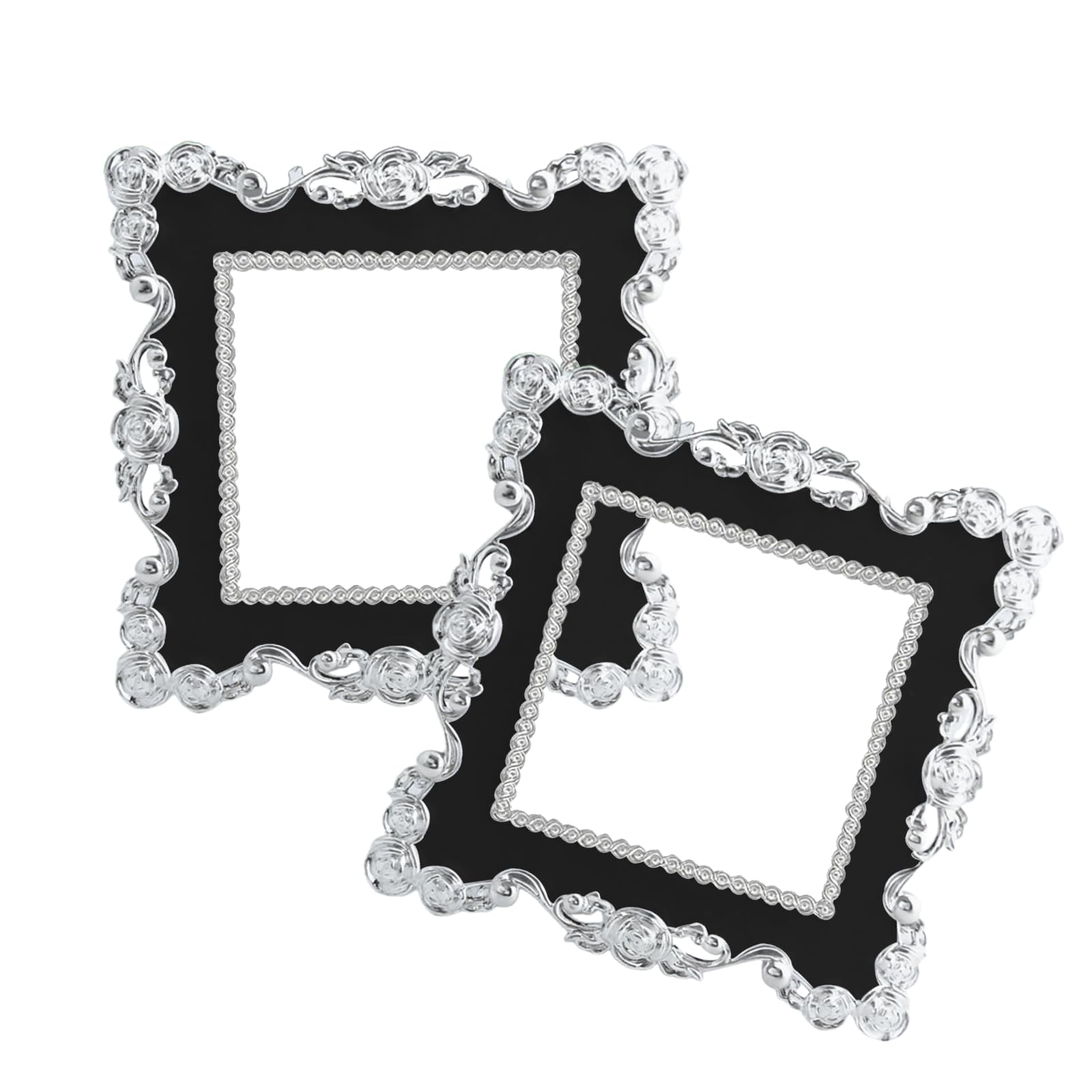 2 PCS Light Switch Surround Creative Protective Covers Resin Wall Sticker with Rose Edge Double Socket Inner Diameter Size 8.6 * 8.6cm (Silver Edged Black)