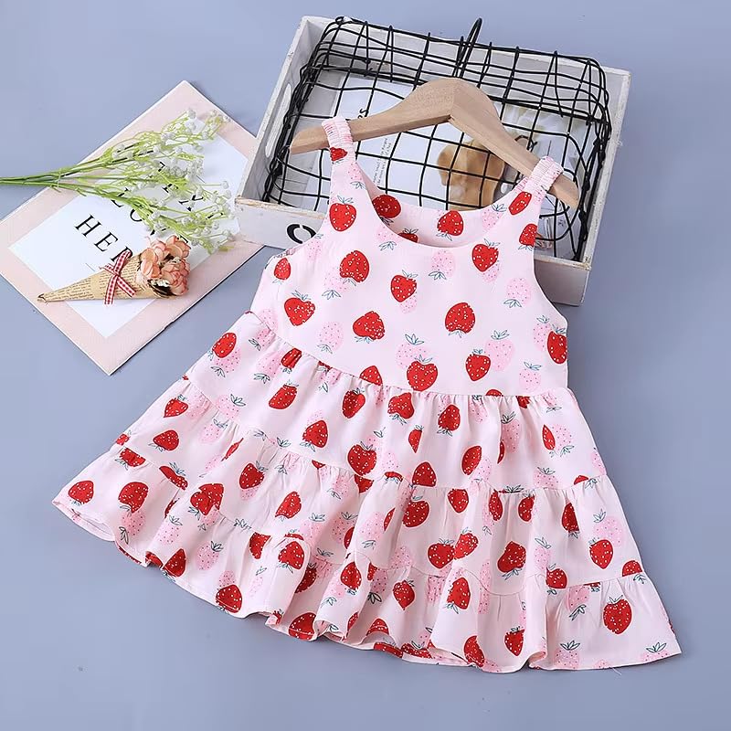 Image of Bold N Elegant Toddler Girls Summer Dress with Crochet Hat Set, Sleeveless Floral /Strawberry Print Tiered Sundress, Casual Beach Party Outfit for Baby Girls 1-6 Years