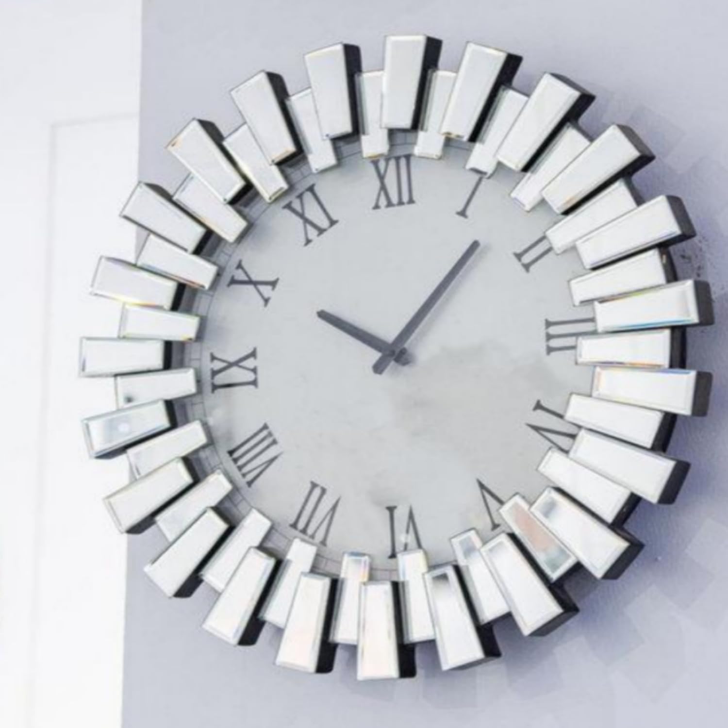 Deenz Silver 3D Round 60Cm Sunburst Mirrored Office Wall Clock Modern Living Room Badroom Decor