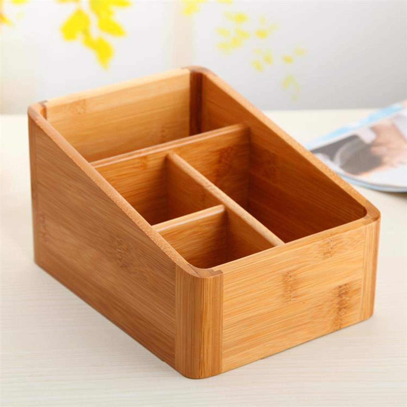 Boîte de rangement de bureau, 4 Compartiments en Bambou Multi-Fonctionnels Organisateur Télécommande TV Home Articles divers, Rangement en bois boîte de Cosmétique #3