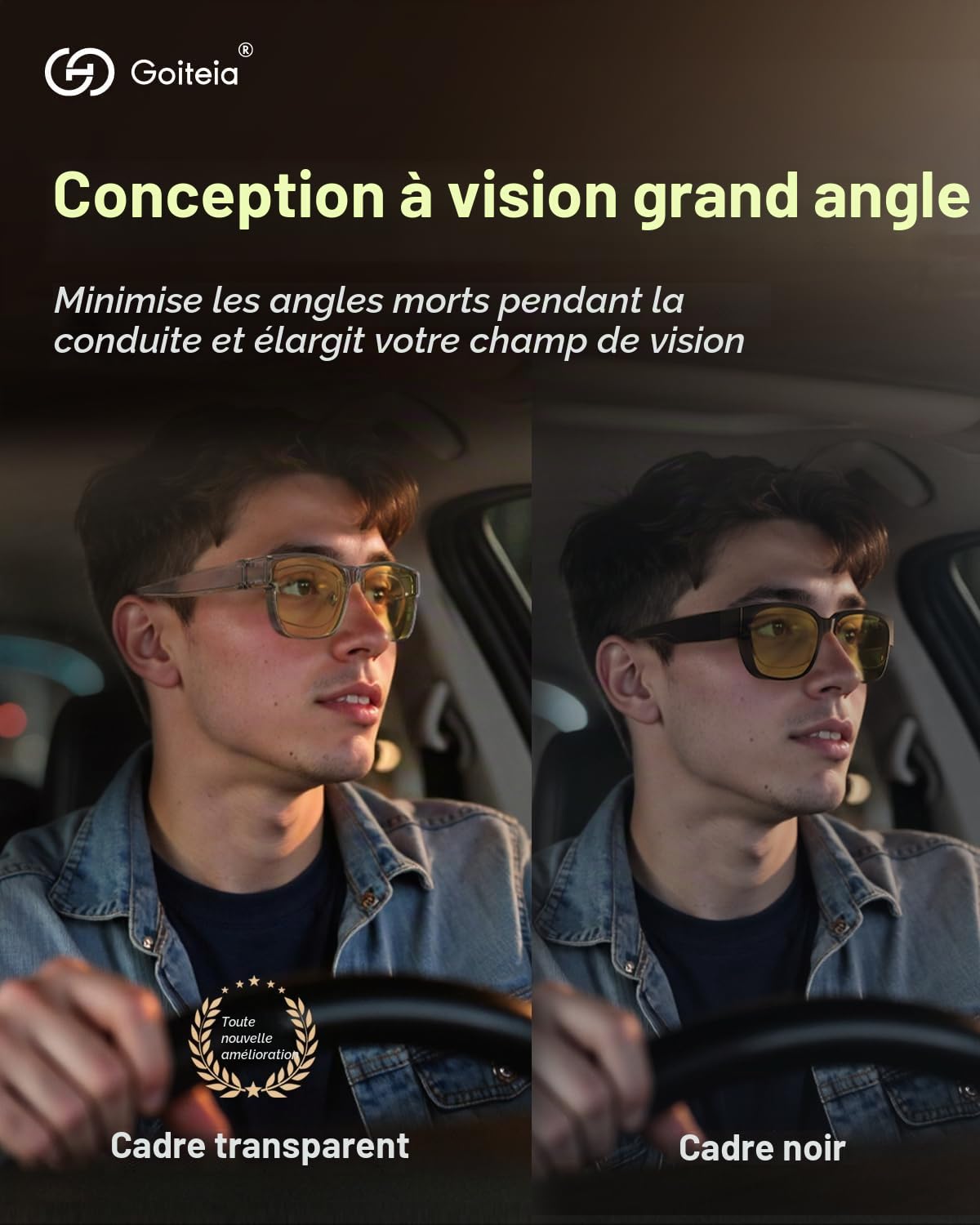 Goiteia lunettes de conduite de nuit adaptées, Anti-éblouissement efficace des phares venant en sens inverse, ultra léger，Protection UV 400 polarisée