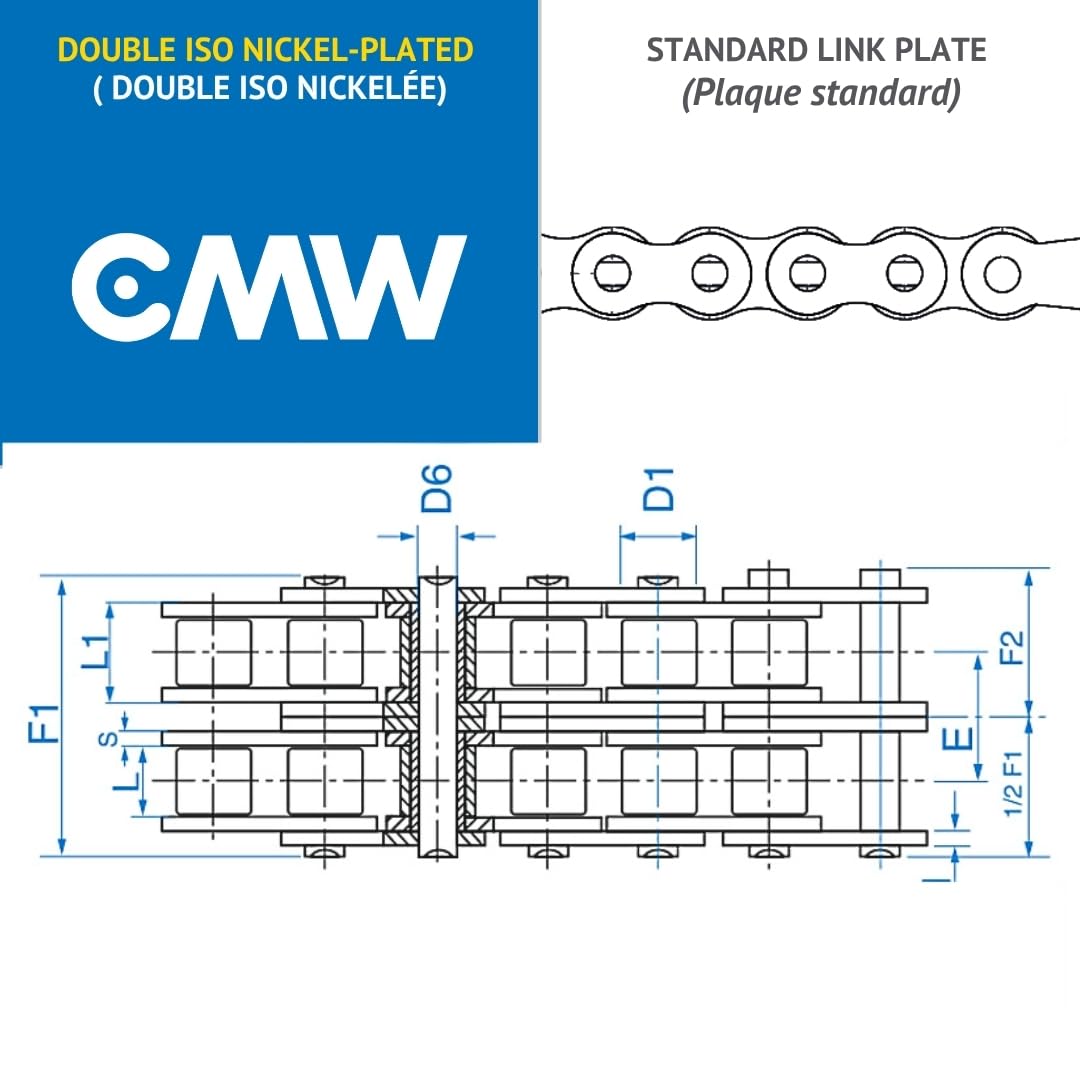CMW - Catene di trasmissione - Piastre diritte - Doppia dentatura - Nichelate - Passo 12,7 mm - ISO - 08B-2 - Rotolo da 5 metri