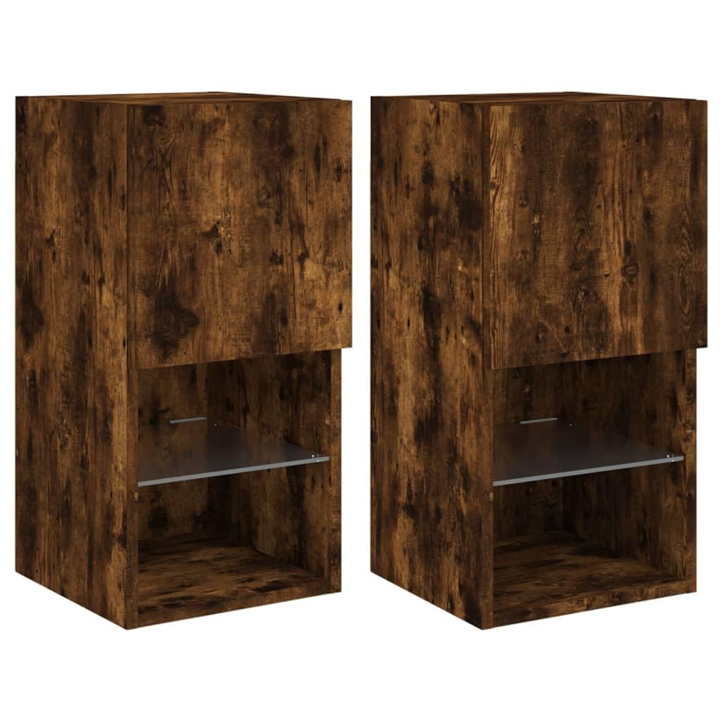 vidaXL Muebles para TV con Luces LED 2 uds, Soportes Flotantes con Almacenaje, Armarios Consolas de Pared, Muebles Multimedia de Salón, Roble Ahumado