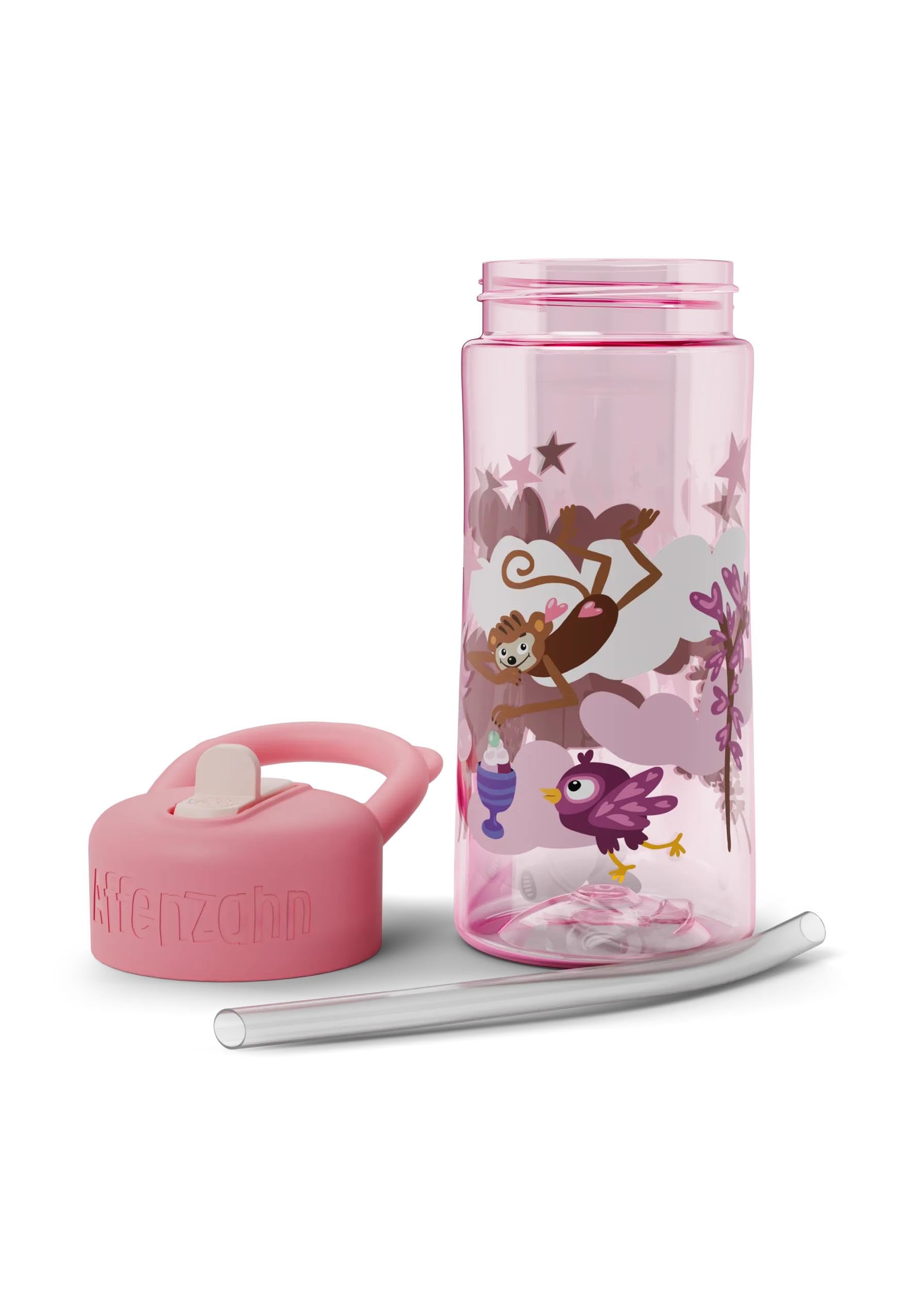 Affenzahn Edelstahl Trinkflasche 430 Ml – 2-in-1 Trinkfunktion, Spülmaschinengeeignet, Motiv Fantasiewelt – Pink