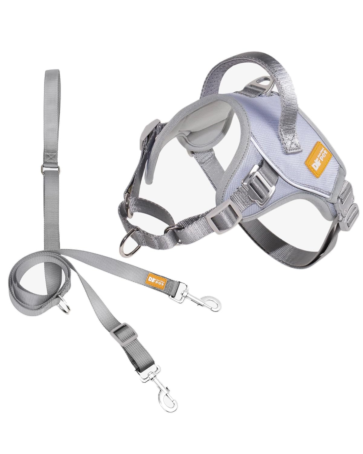 DF Martingale-Hundegeschirr und Leine, kein Ziehen, leise Metallschnalle, reflektierendes Geschirr mit Frontclip, verstellbare Passform und Griff für einfaches Gehen und Training, Grau, 1,9 cm
