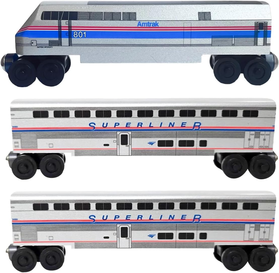 Whittle Shortline Railroad Amtrak P42 Genesis Phase IV Superliner Wooden Train Set, 3 Piece Engine and Coaches, Handcrafted in USA, Compatible with Major Railway Systems, Hardwood