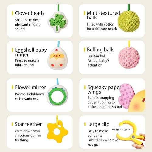 Miniatura 7 de Juguetes colgantes para asiento de coche para bebés de 0 a 6 meses de edad, juguete de cuerda de pollo con arrugado, sonajero, espejo, BB Squeaker -