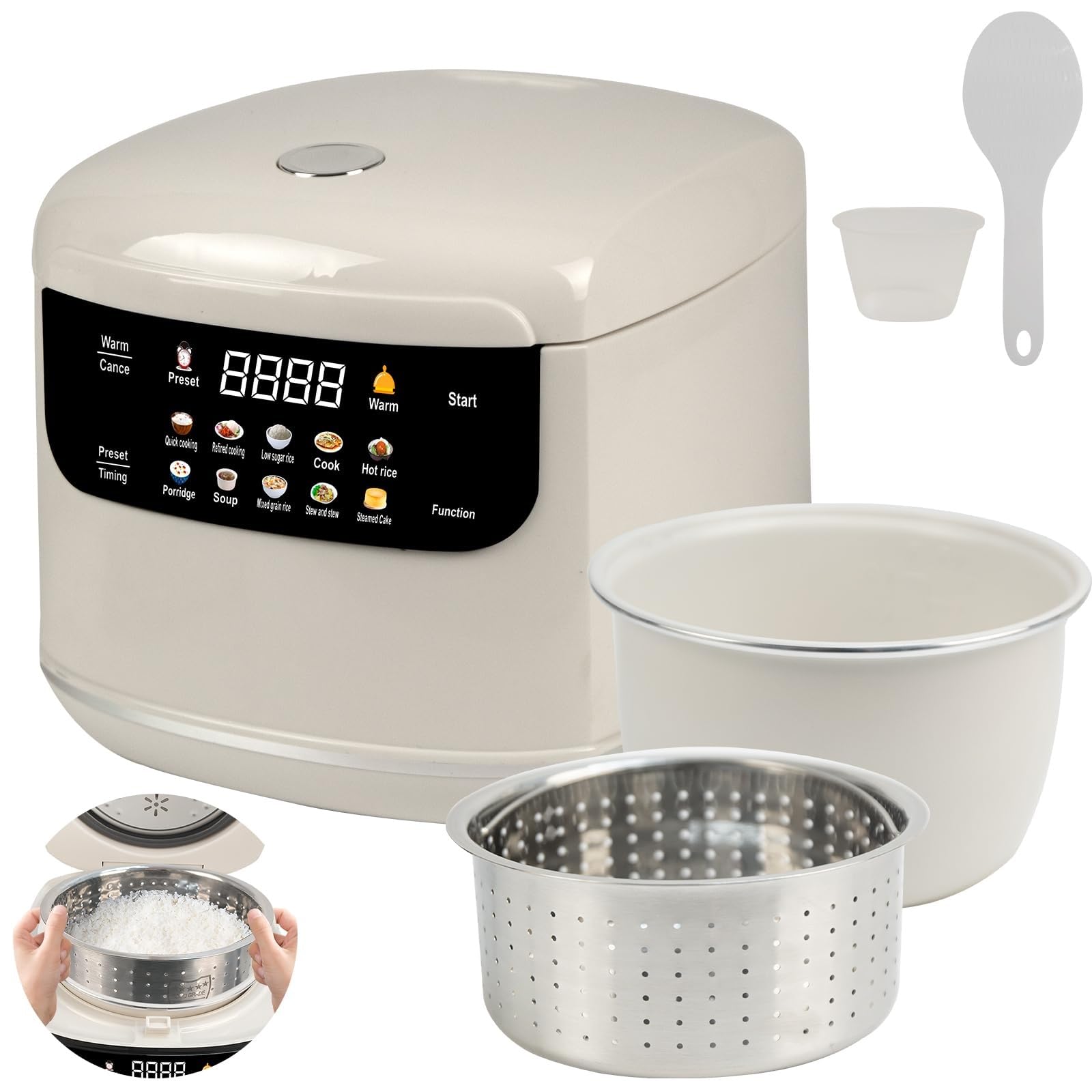 THEGA Cuociriso 10 in 1 A Basso Contenuto di Carboidrati con Vaporiera, Cuociriso A Basso Contenuto di Zucchero da 2 Litri, Cottura del Riso Multifunzione con Controllo Intelligente