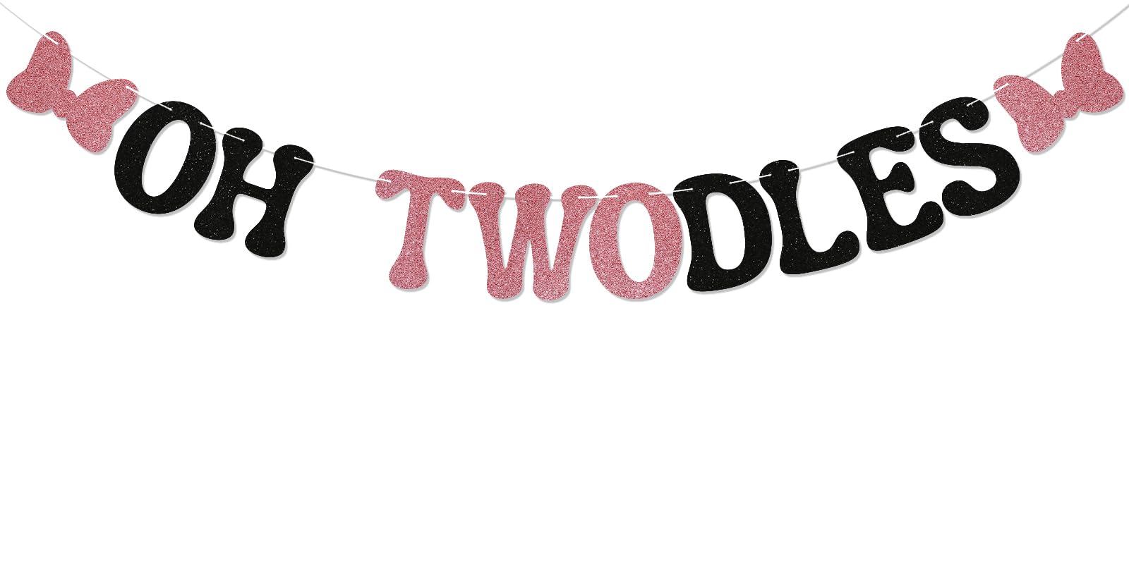 Oh Twodles Banner - Cheer to 2 Years, Happy 2nd Birthday Party Decor for Girls, Cartoon Mouse Theme 2nd Birthday Party Decorations Supplies Rose Gold & Black Glitter