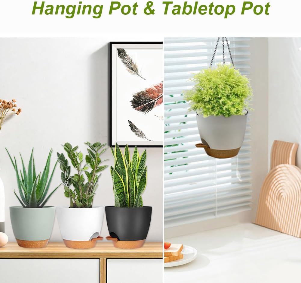 SNUGBERI 2 Pcs Self Watering Hanging Pots, 10 Inch Hanging Planters Plant Hanger, Self Watering Plant Pots Hanging Baskets Plants Holder with Drainage Holes & Removable Tray