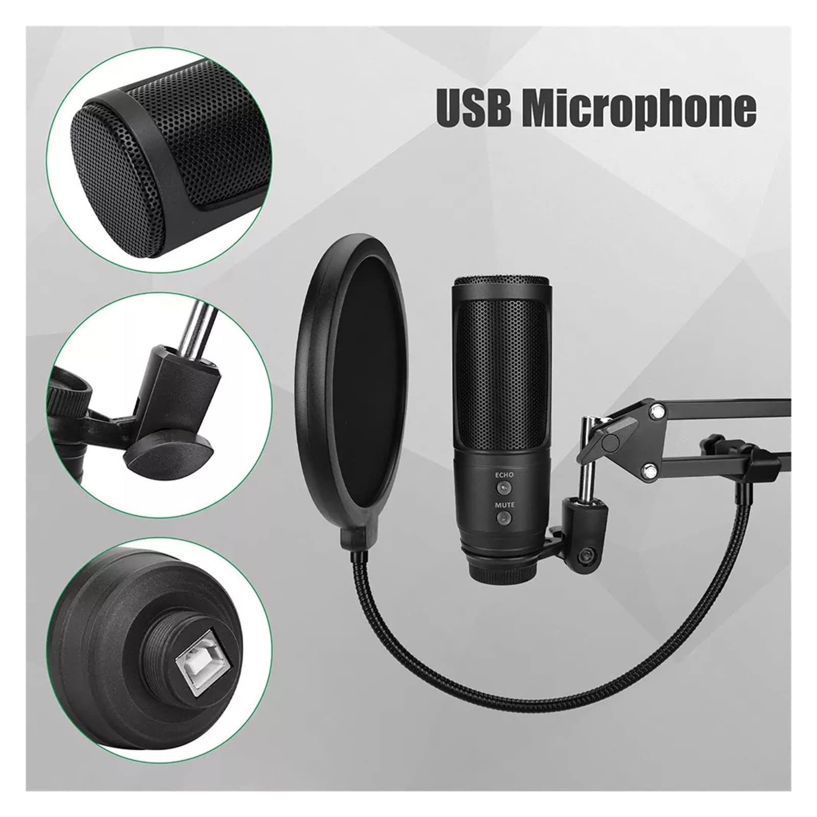 Kompatybilny z mikrofonami do gier Zestaw mikrofonu pojemnościowego USB ze statywem z funkcją wyciszenia echa do strumieniowego przesyłania podcastów komputera PC Mac Studio