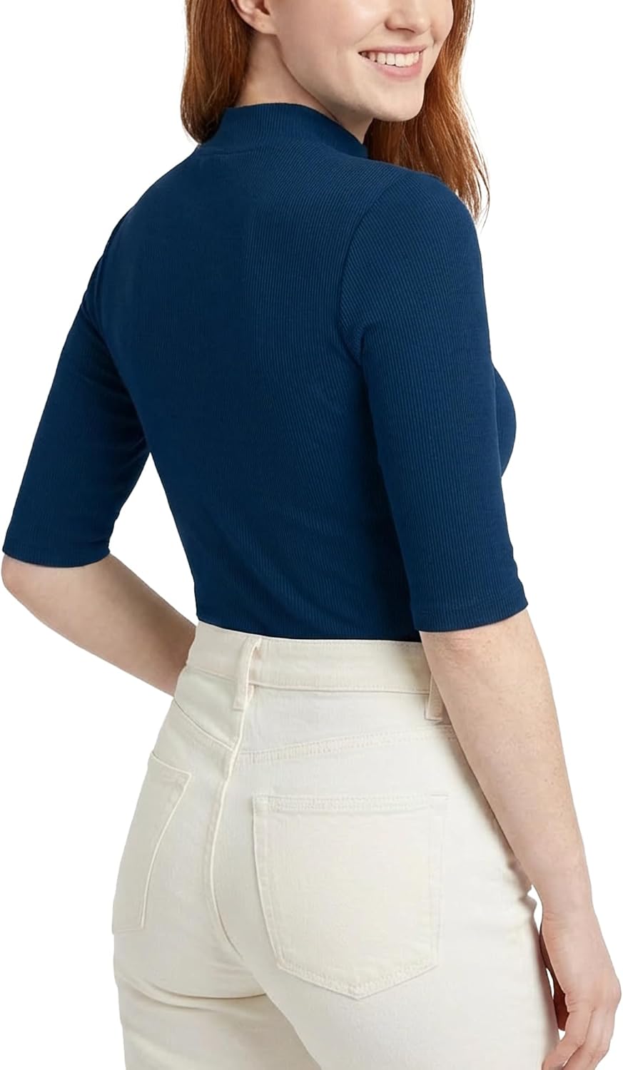 Zengjo Womens Mock Turtleneck Elbow Sleeve Tops - Fitted Stretch Ribbed Shirt for Work & Casual Wear - Image 2