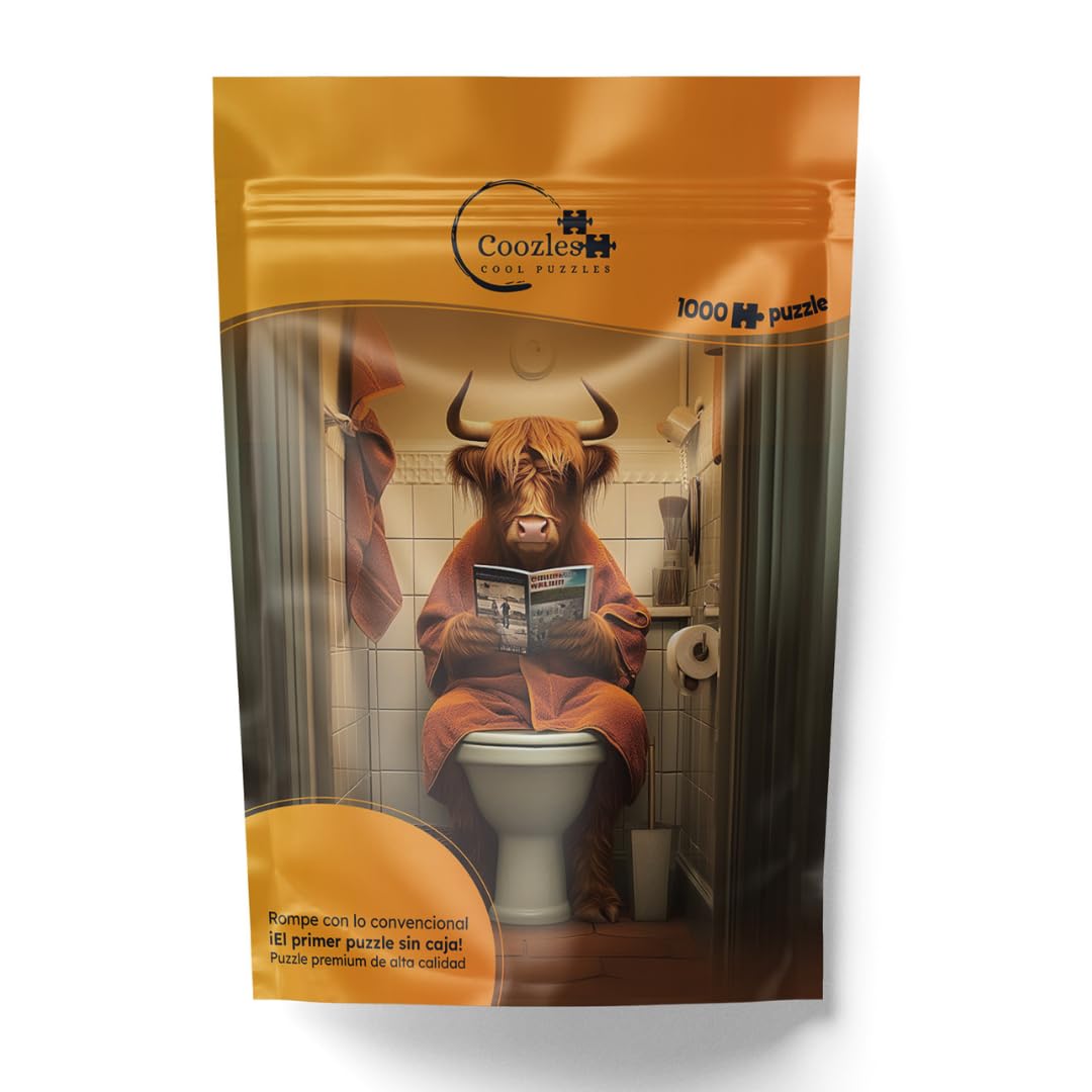 Coozles | Puzzle de 1000 Piezas para Adultos | Diseño Exclusivo Creado con Inteligencia Artificial | Incluye Fotoguía | A Partir de 14 años | Puzzle Vaca Leyendo en el baño