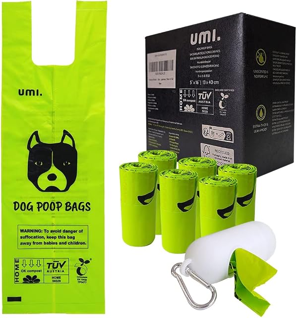 Amazon Brand - Umi Dog Poo Bags with tie Handles, Biodegradable Dog Poop Bags, Certified Compostable, Extra Thick and Leak-Proof, Unscented, 13 x 40 cm, 60 bags with Dispenser