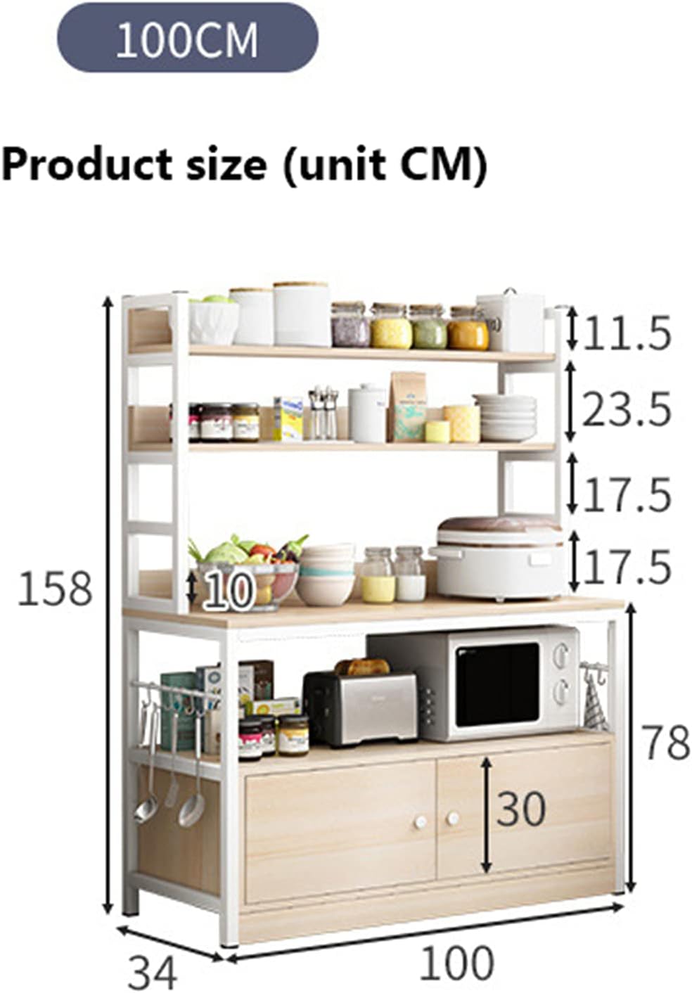 XIONGGG Microwave Oven Stand, 5 Tier Kitchen Utility Storage Shelf, Standing Baker's Racks, with 3 Doors, 12 Hooks, Multiuse Organizer Cabinet,100x 34x 158cm : Home & Kitchen