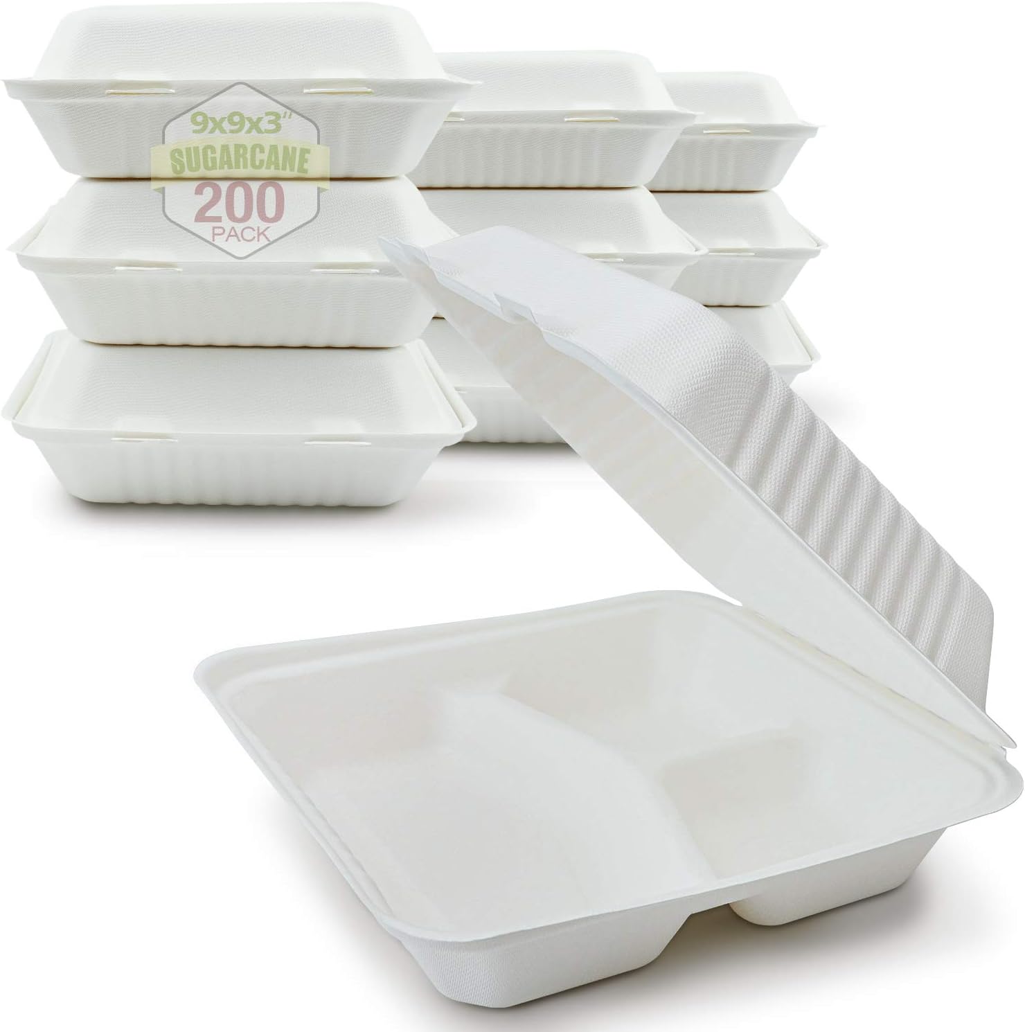 Green Earth 9-Inch, 200-Count, 1-Compartment, Compostable Clamshell, Natural Bagasse (Sugarcane Fiber), Take-Out/to-Go Food Boxes - Biodegradable Containers, Hinged Lid Microwave-Safe Gluten-Free