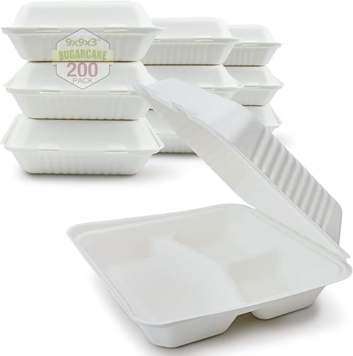 Miniatura 8 de Green Earth 9 pulgadas, 100 unidades, 3 compartimentos, concha compostable, bagazo natural (fibra de caña de azúcar), cajas de comida para llevar