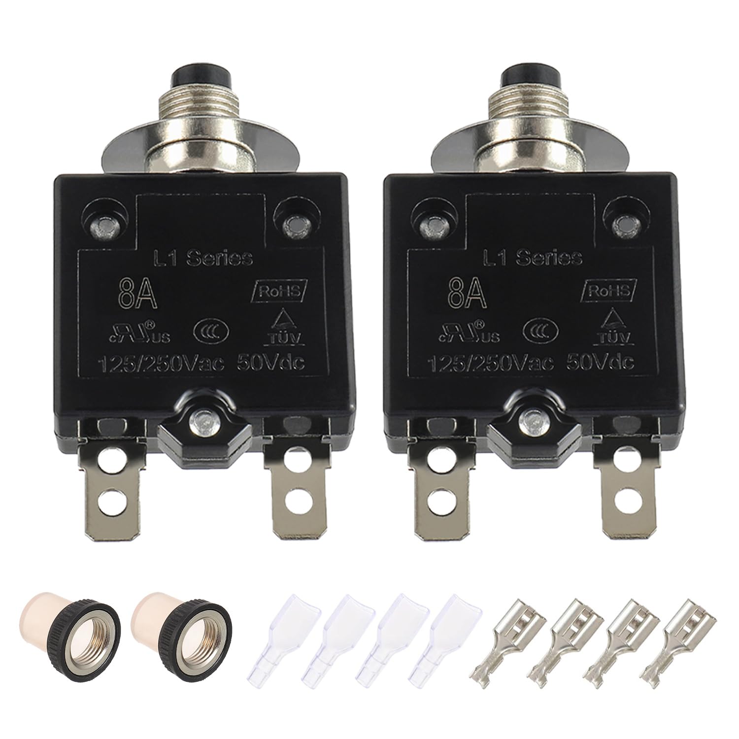 8A Manual Reset Push Button Circuit Breaker 125/250V AC 50V DC Thermal Overload Protector with Quick Connect Terminals and Waterproof Button Caps Assortment Kit(Pack of 2 pcs)