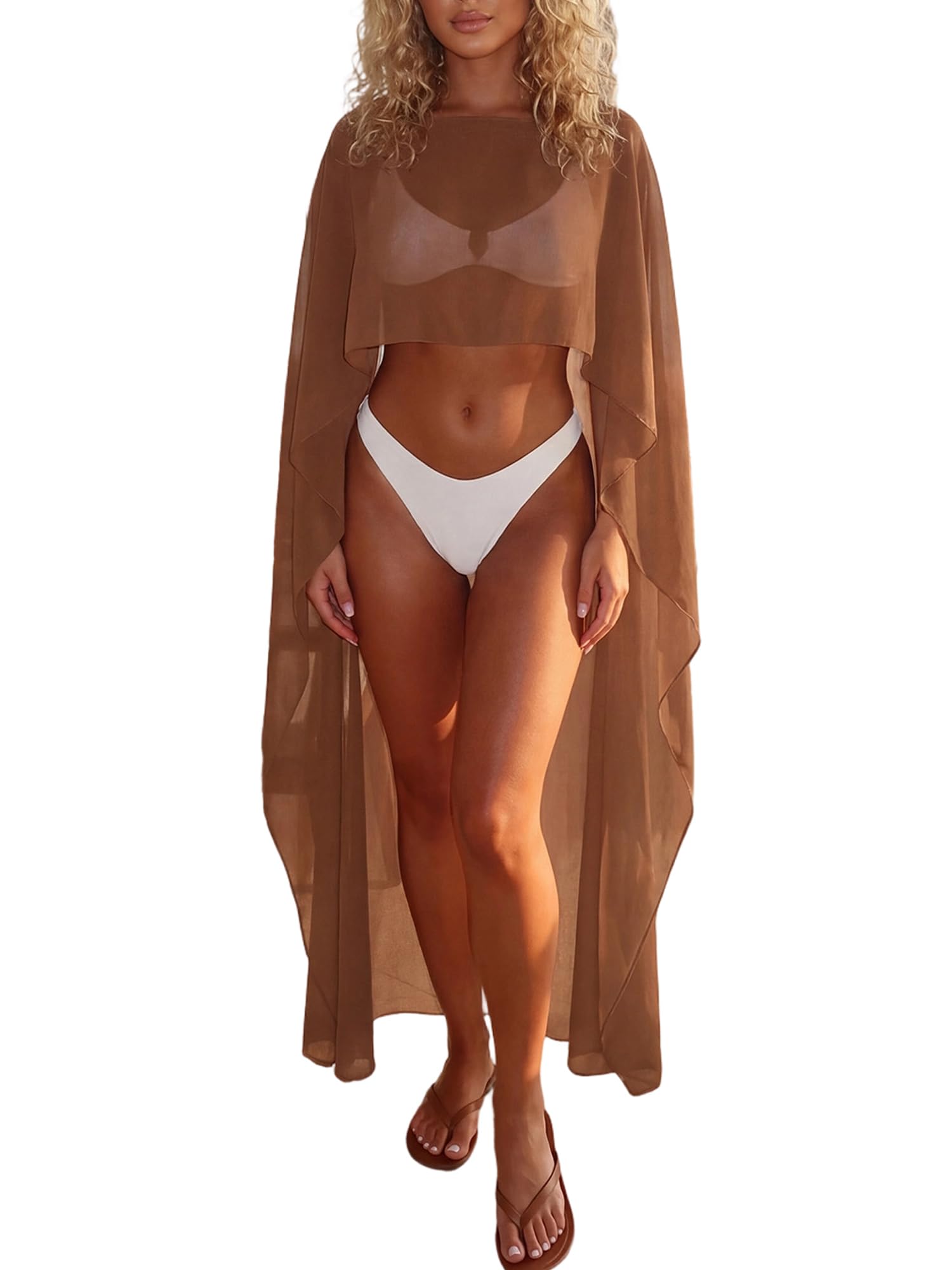 Sexy Outfit Scialle Poncho Lungo e Trasparente da Donna, Mantello Alto e Basso in Chiffon Fluido per Coprire la Spiaggia, Avvolgere la Festa Nuziale