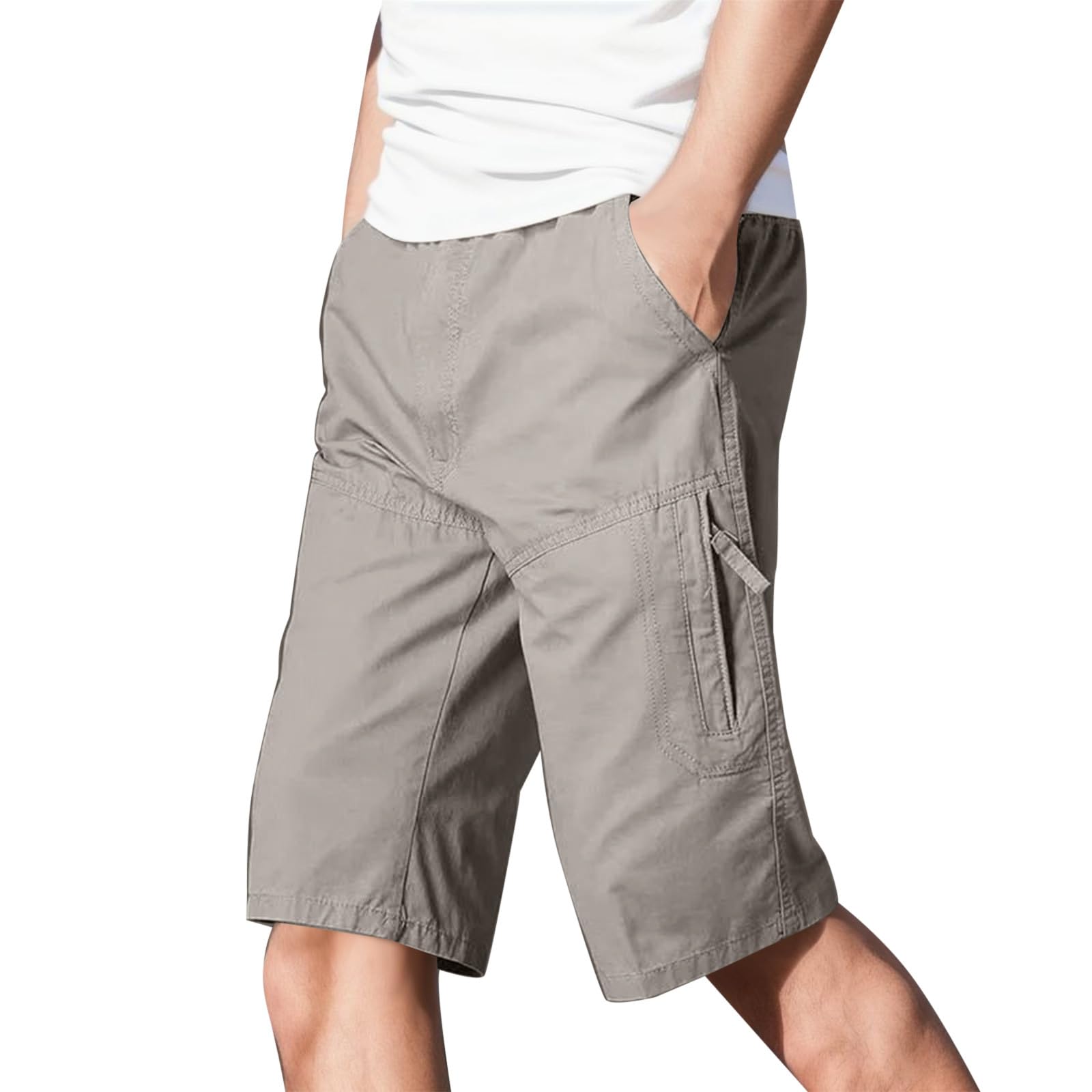 Men's Capri Long Elastic Cargo Shorts Cotton Below Knee Casual Shorts Office Sports Fashion Short with Multi-Pockets XL