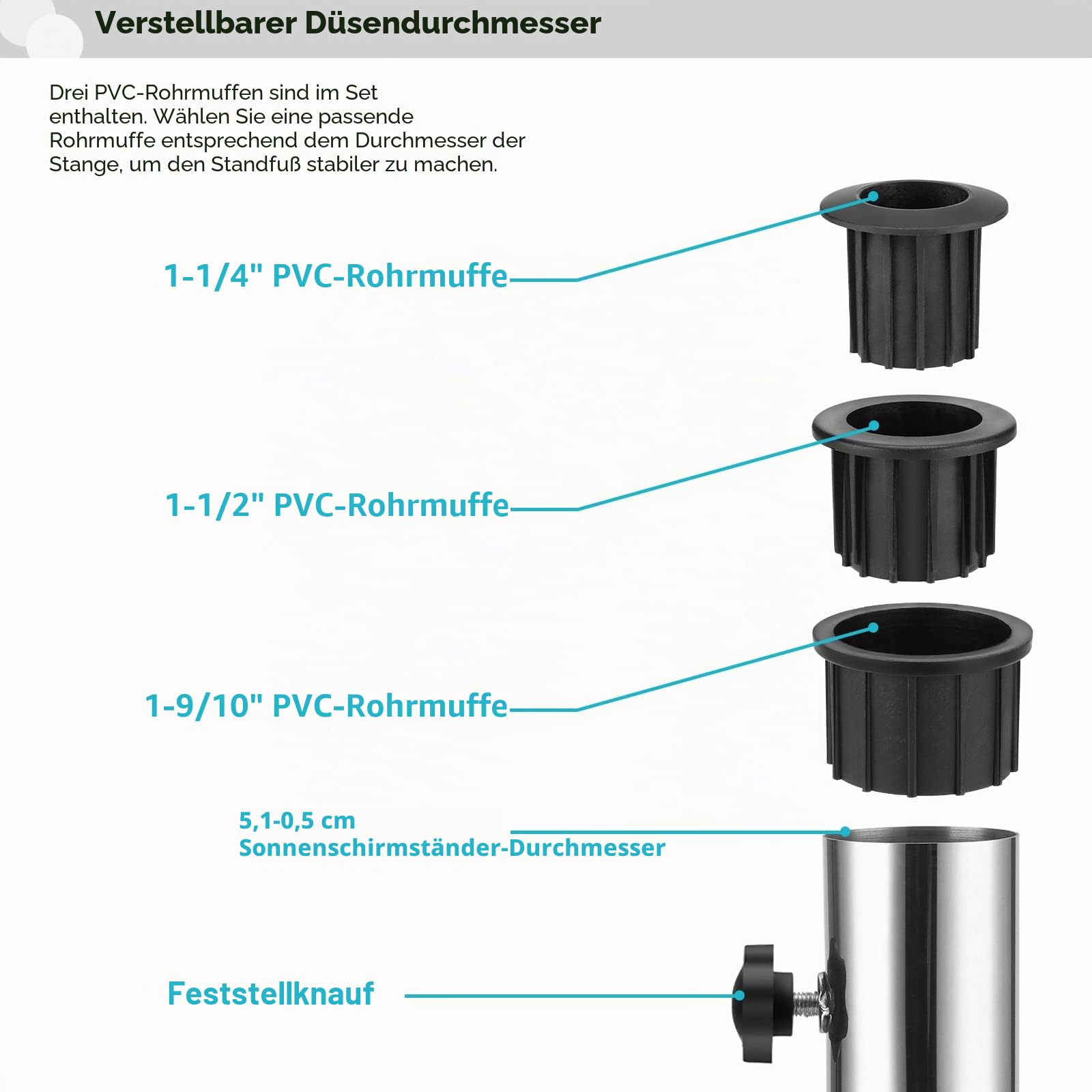 Garten Sonnenschirm Standrohre Geliefert, Universal SonnenschirmStandrohr mit 3 TLG Reduzierring(48/38/31.5 mm) Sonnenschirm Hülse Stände, Schirmbaser Standrohr für Granit, Eisenplatte, Zementplatte
