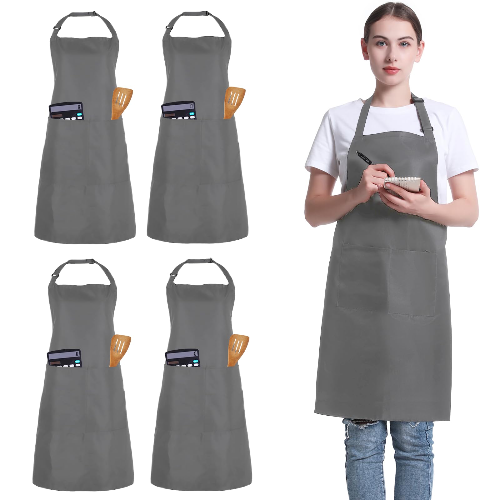FunChaos 4 Pack Chef Apron, Adjustable Apron with 2 Pockets, Unisex Personalised Apron for Cooking, Kitchen, Restaurant (Grey) — image 1