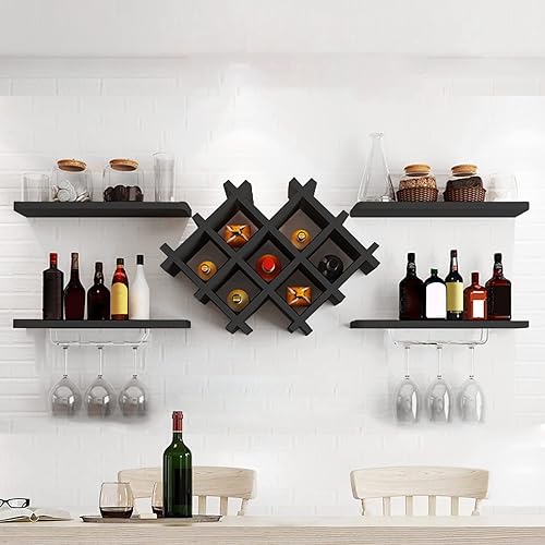 Gdrasuya10 Juego de 5 estantes de vino de madera montados en la pared con estantes de almacenamiento y soporte de vidrio estante de exhibición