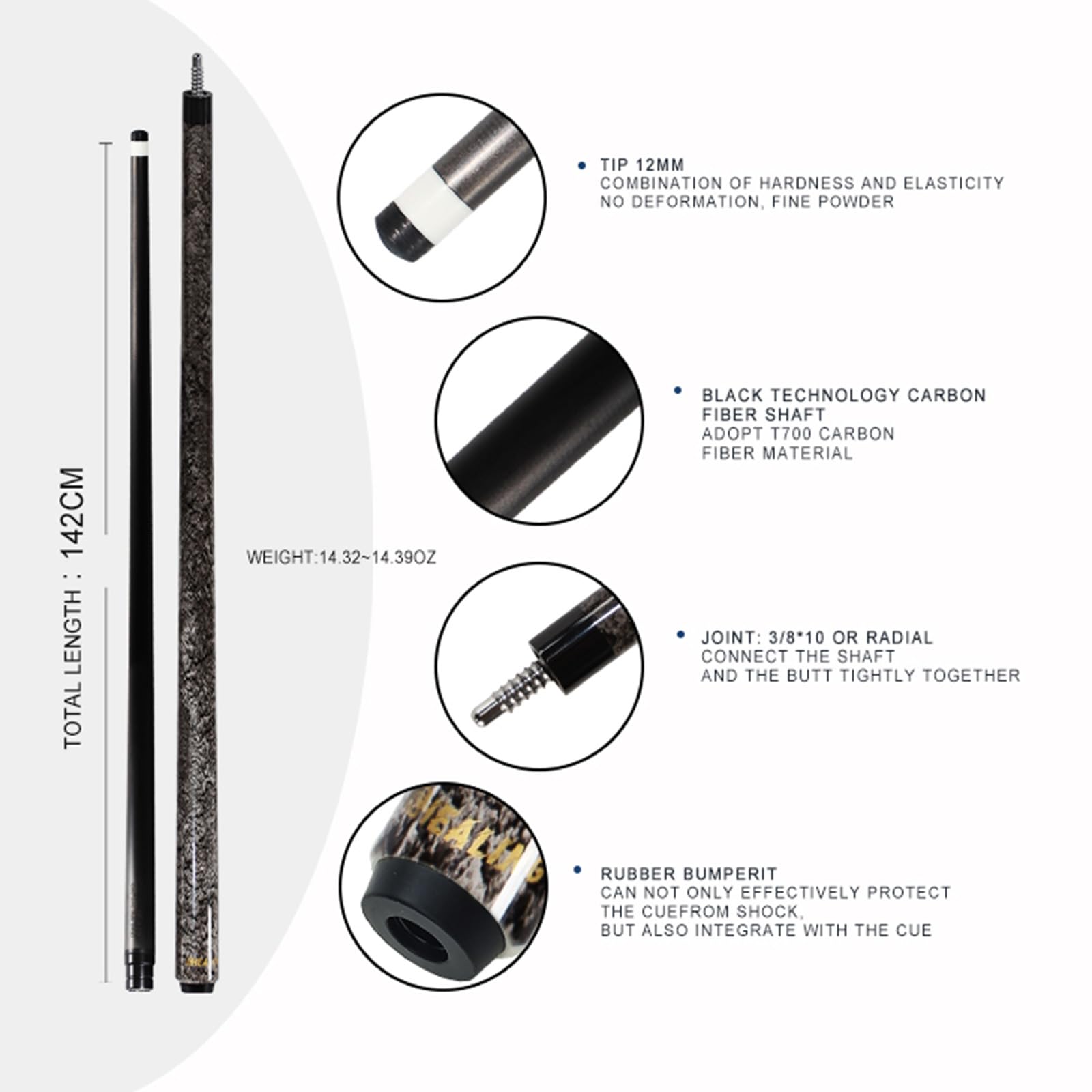 KHEALING Queue De Billard en Fibre De Carbone, 142 cm, Pointe 12 mm, Carom Billiards Queue Professionnelle avec Chalk Et Gants
