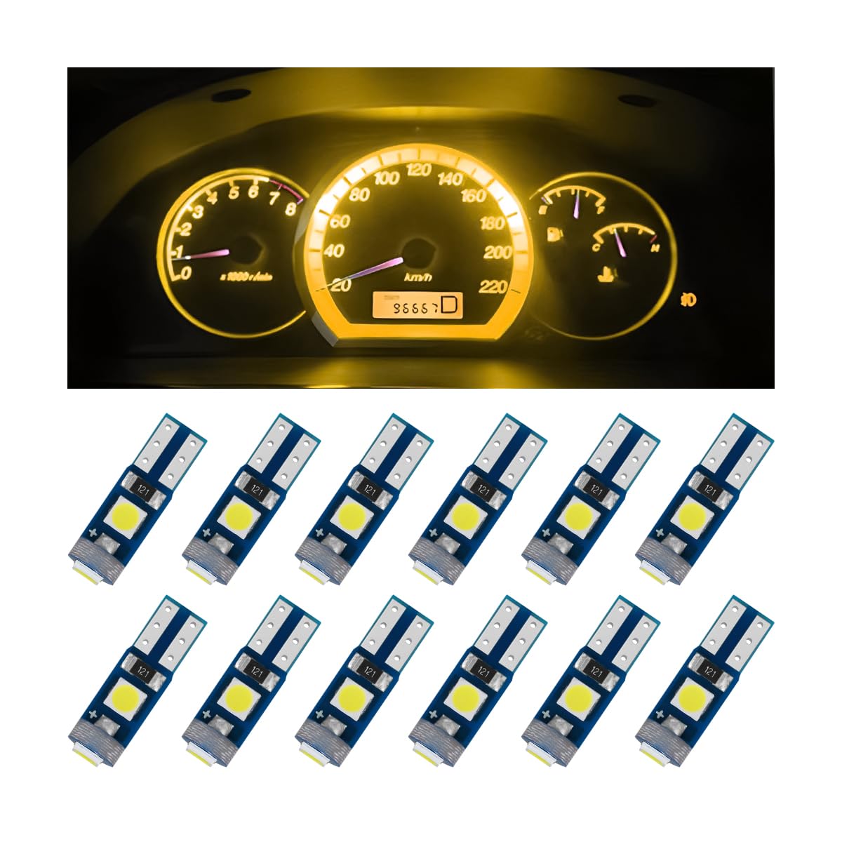 12PCS 12V Car T5 LED Bulbs, 6000K Auto Interior Bulb Error Free, Vehicle Dashboard Dash Instrument Panel Gauge Cluster Indicator Lights Lamp, Universal for T5 74 37 882 17 18 (Yellow)