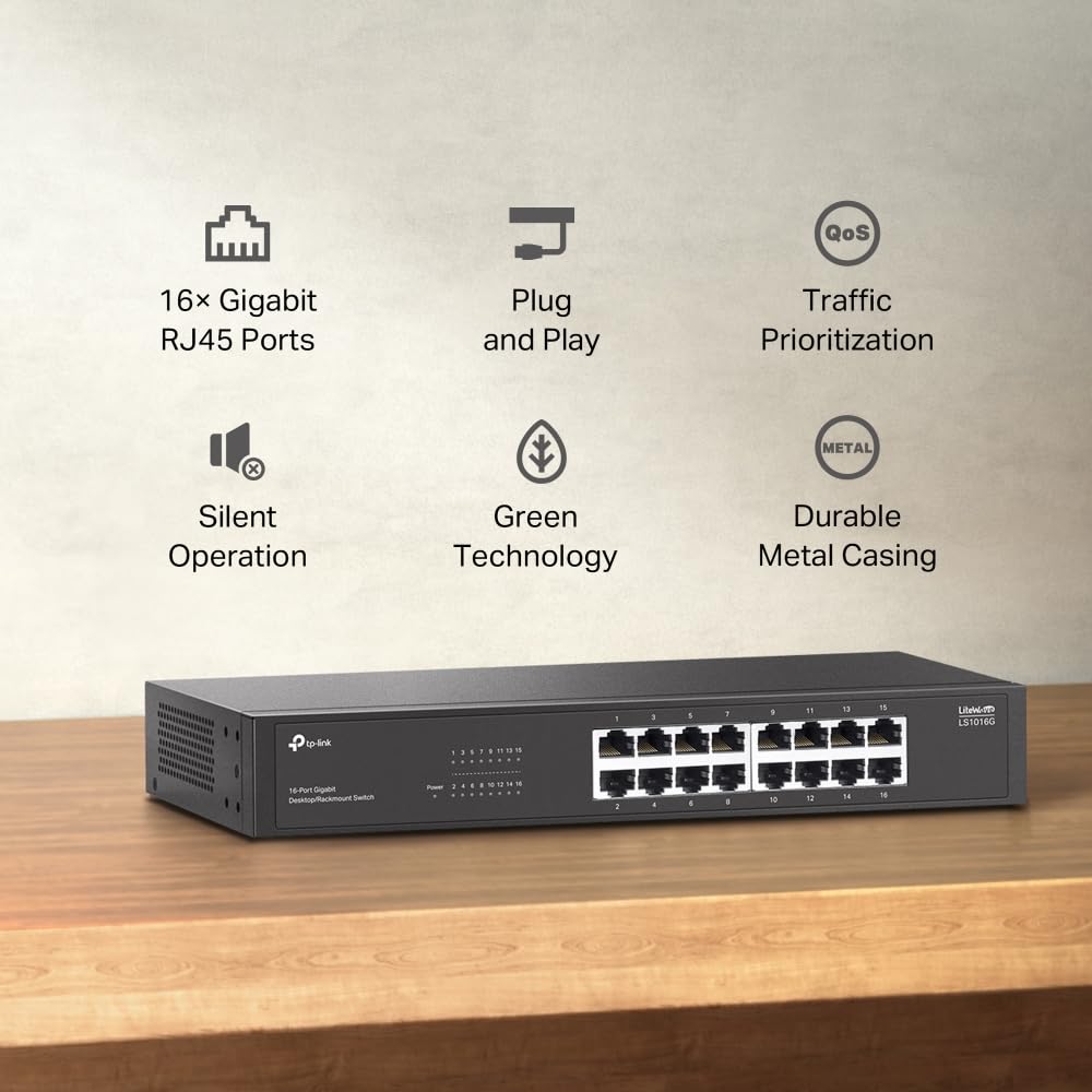 TP-Link Switch Gigabit a 16 porte per desktop/montaggio su rack, autoapprendimento di direzione MAC, MDI/MDIX automatico, negoziazione automatica, QoS, design senza ventola, tecnologia di
