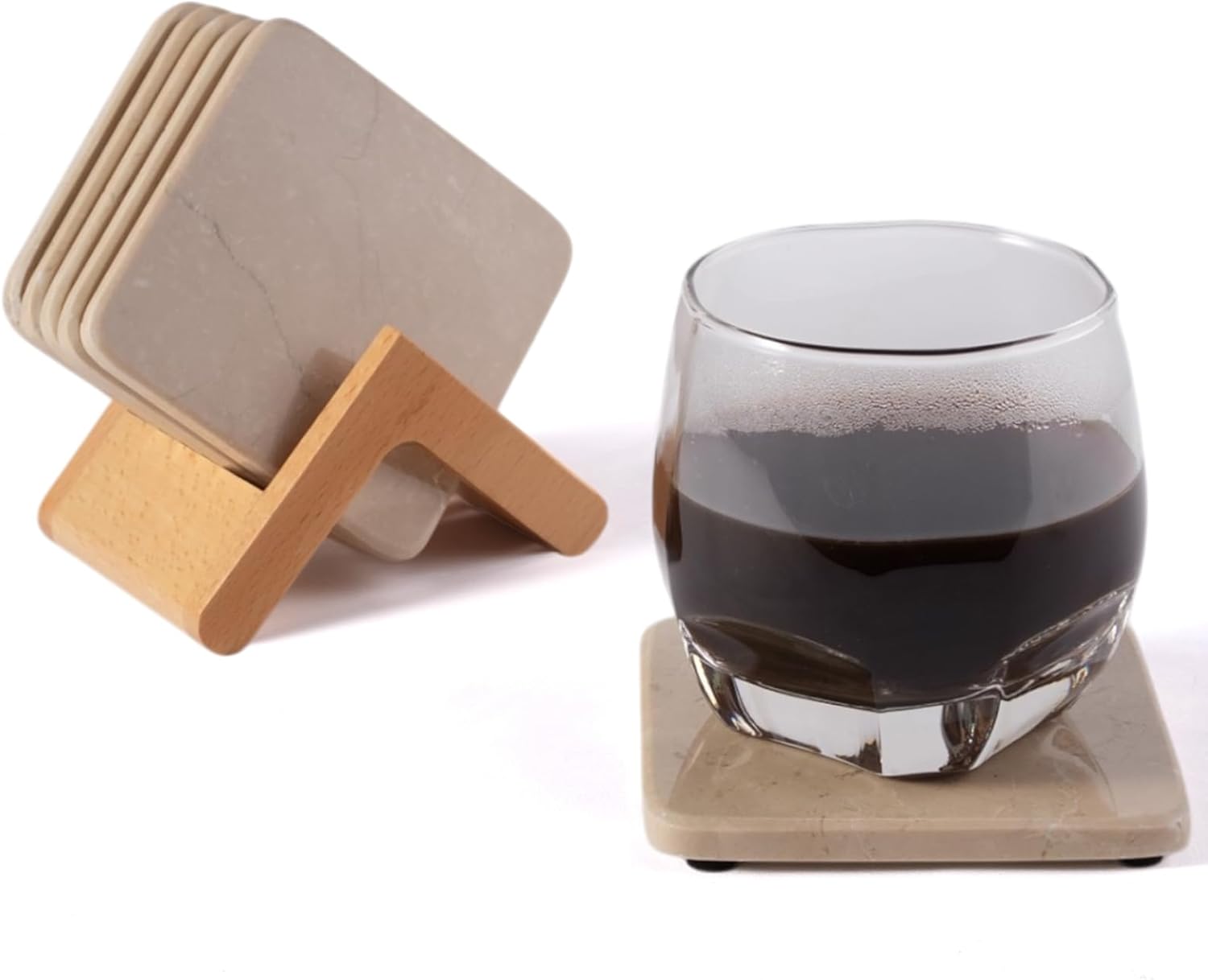 Koville Set of 6 Natural Marble Coasters for Coffee Table with Holder, Beige Yellow Marble Coaster Square 3.9" inches for Table Décor Home Décor, Handmade Luxury Aesthetic Drink Coasters for Dining