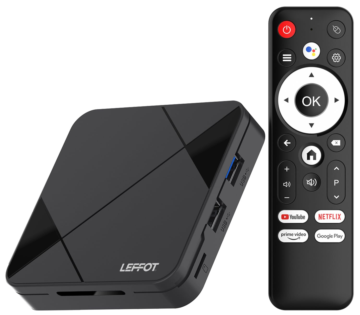 LEFFOT Android TV Box 2025, RK3518 4K Ultra HD Smart TV-Box Android 14, 2GB RAM + 16GB ROM, Soporte a Google Assistant Voice Remote, HDR10, 2.4G y 5G WiFi6, BT 5.4, USB 3.0, RK3518 Quad Core A53