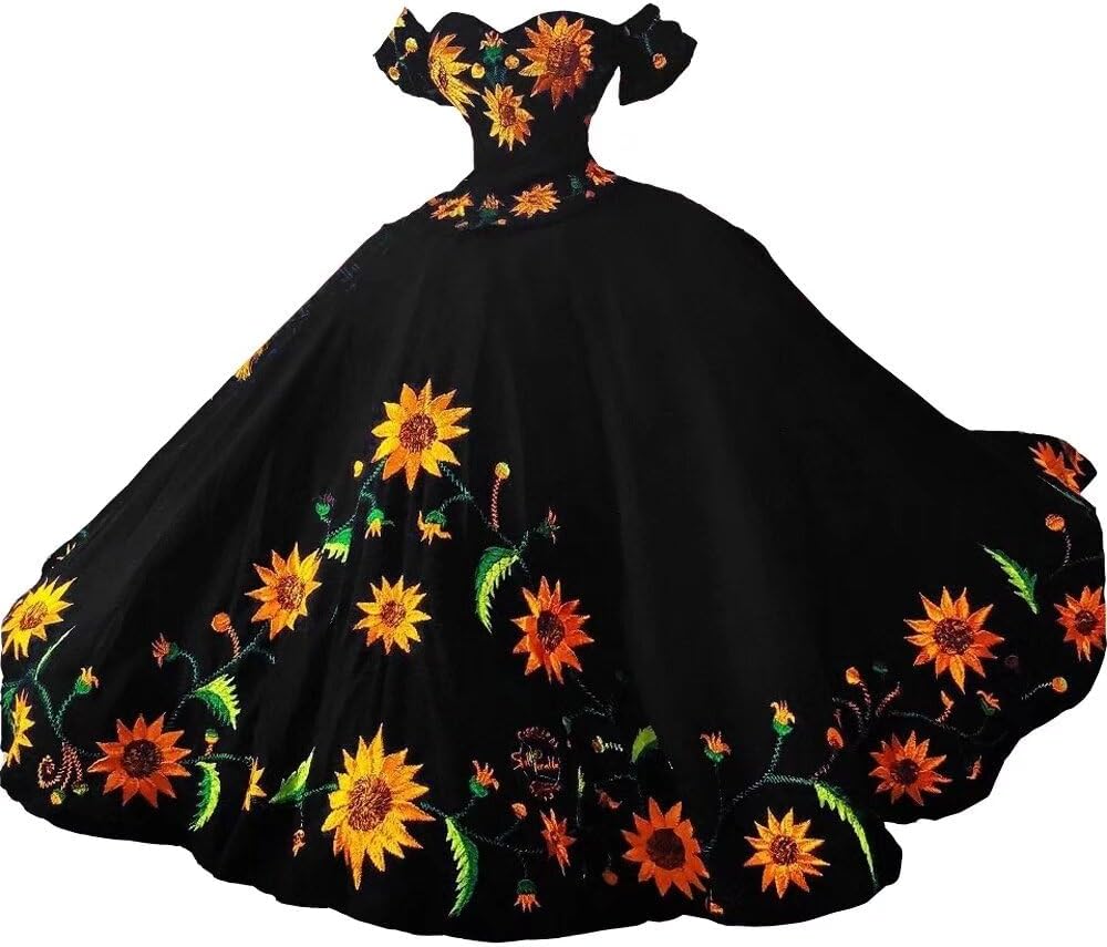 Charro Mexican Theme Embroidered Quinceanera Dresses with Sleeves Off The Shouder Ball Gowns Formal Dress