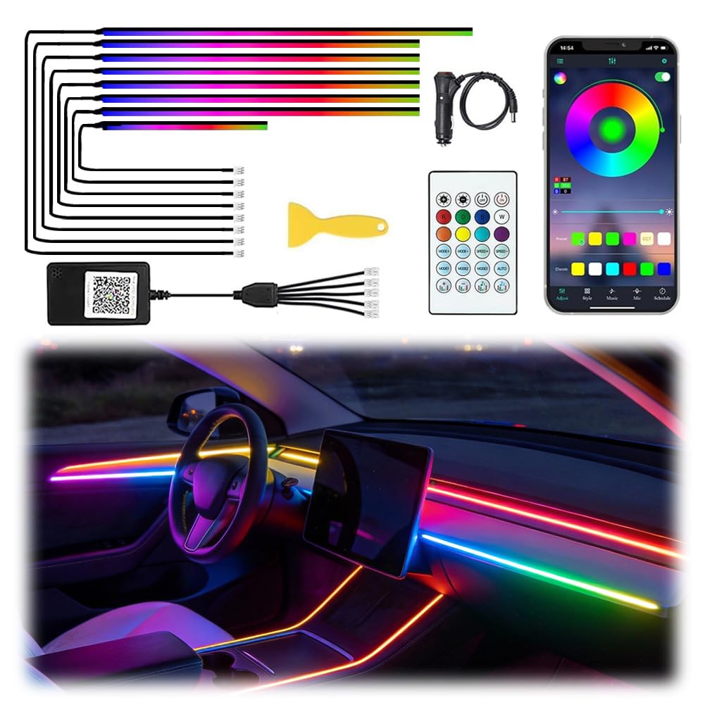 Acrylic Interior Car LED Lights with Remote and Wireless APP, Ambient Lighting Kits Fiber Optic Strip LEDs,16 Million Colors Music&amp;DIY Function (8 in 1)