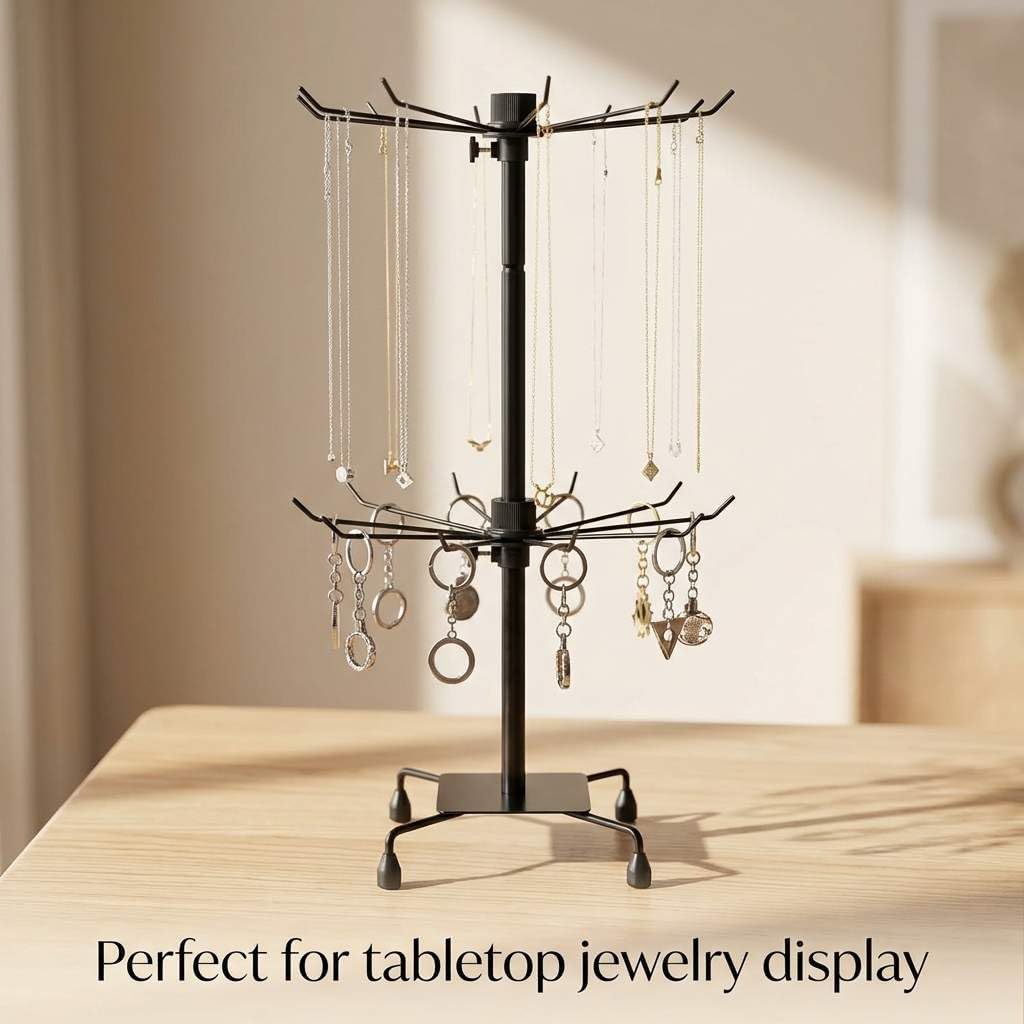 QWORK 2-Tier Rotating Metal Jewelry Display Stand – 2 Pack Adjustable Height Organizer for Necklace, Earrings & Key Rings - Image 5