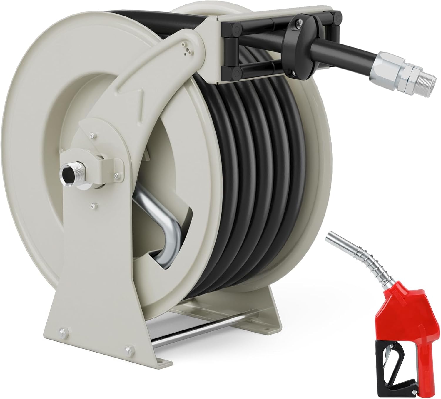 Diesel Fuel Hose Reel 3/4 Inch x 66ft, Fuel Hose Reel with Fueling Nozzle 300PSI Retractable Industrial Heavy Duty Swivel Steel Construction Reel for Ship Vehicle Tank Truck Trailer Cart